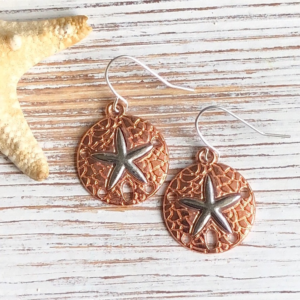 Silver and Copper Plated Sand Dollar Earrings - Picture 1 of 3